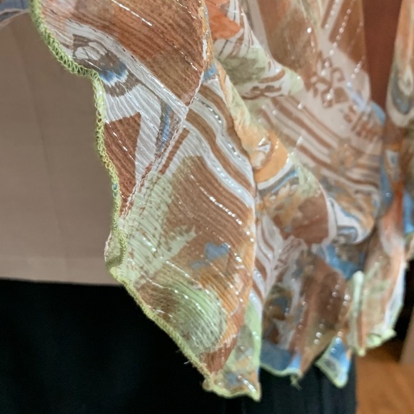 Boho style sheer tunic top ruffled loose sleeves brown orange blue flower US L - Picture 9 of 9